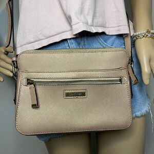 Calvin Klein Taupe Saffiano Textured Crossbody Bag Gold Hardware
